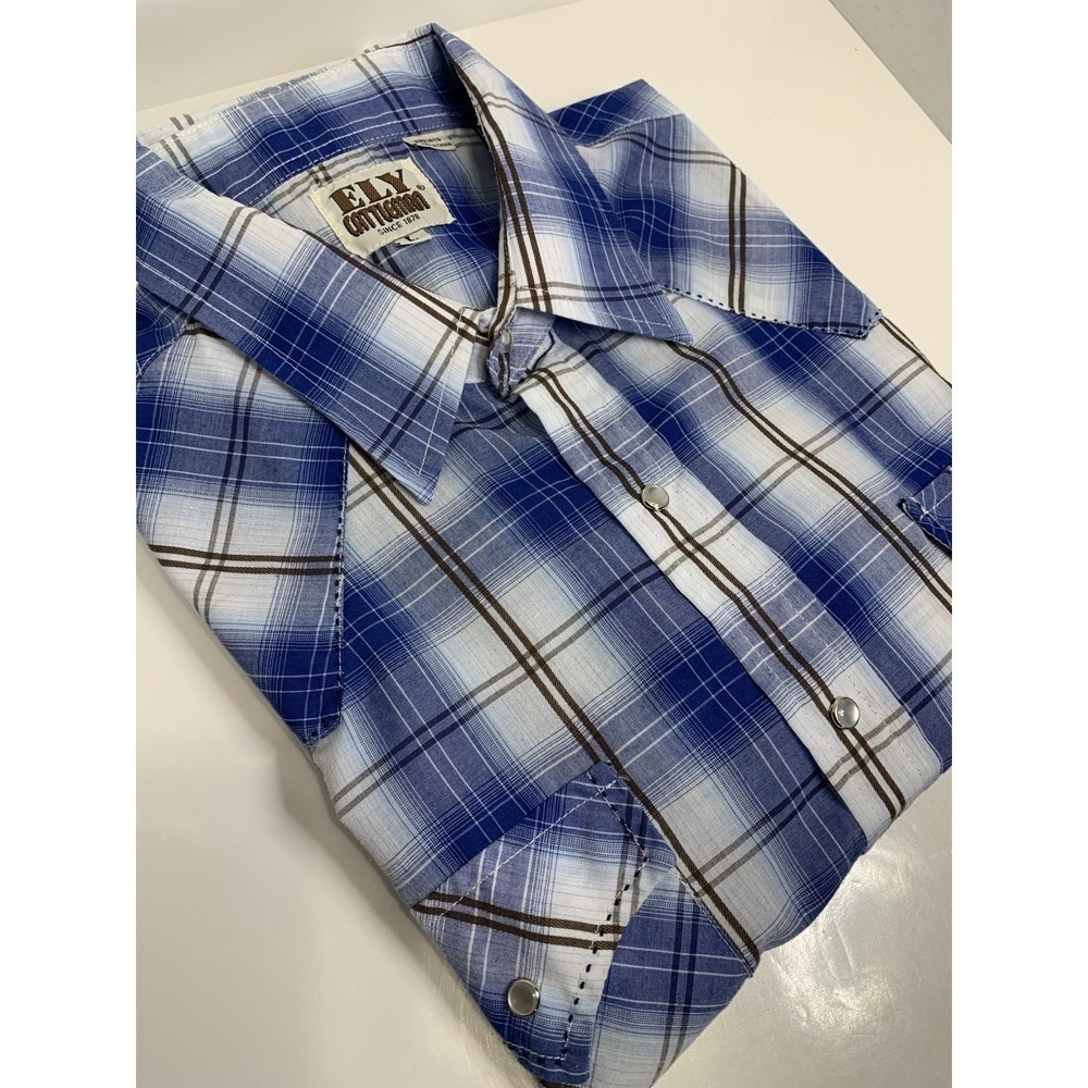Ely‎ Cattleman Blue Plaid Short Sleeve Pearl Snap Men's L Ranch Rodeo Cowboy